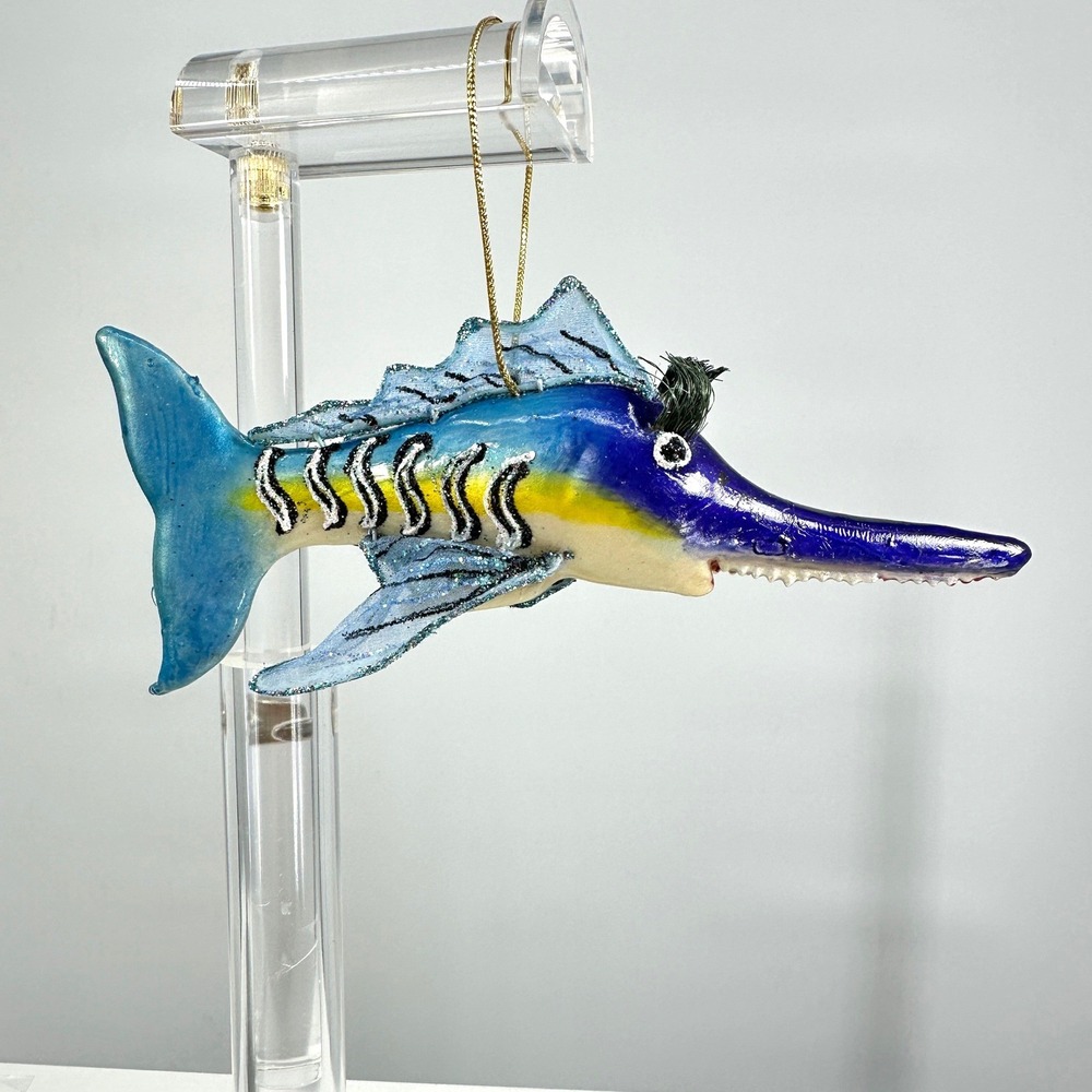 Swordfish Ornament Blue Painted Glitter Mesh Hanging‎ Whimsical Artsy Nautical